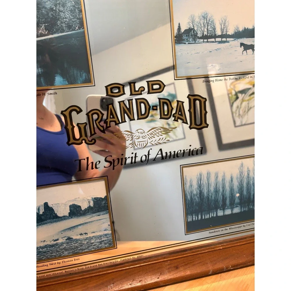 Vintage Old Grand-Dad Bourbon Bar Mirror Spirit of America Wood Frame Rare